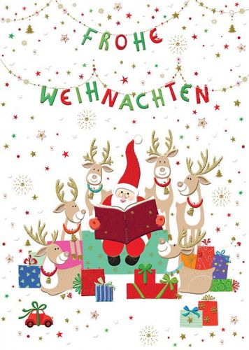 Weihnachtskarte mit Weihnachtsmann mit Elchen, Geschenken