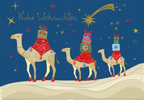 Weihnachtskarte mit Kamelkarawane und Geschenke