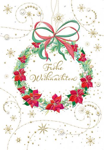 Weihnachtskarte mit Weihnachtsstern Kranz und Text