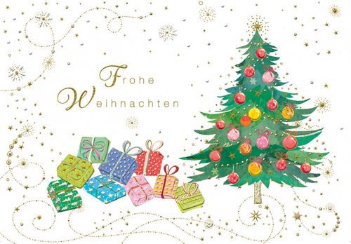 Weihnachtskarte mit Weihnachtsbaum und Geschenken