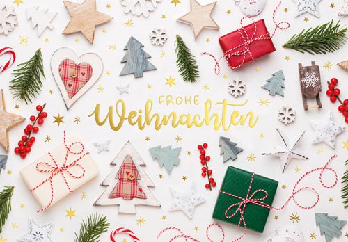 Doppeltextkarte mit verschiedenen Weihnachtsdeco