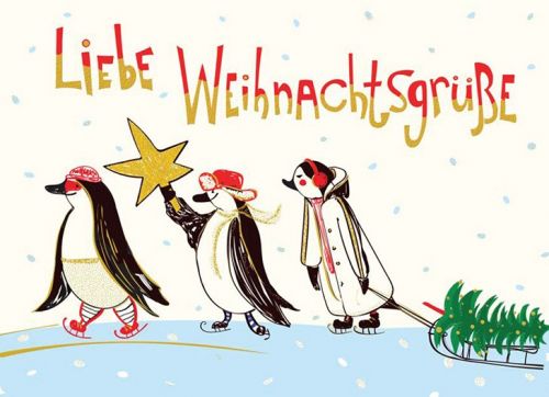 Postkarte Weihnachten mit Pinguinen