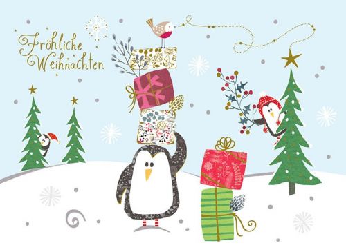 Postkarte Weihnachten mit Pinguinen und Geschenken