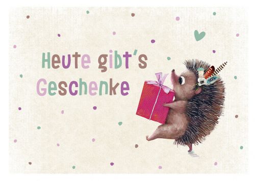 Postkarte mit süssem Igel und rotes Geschenk