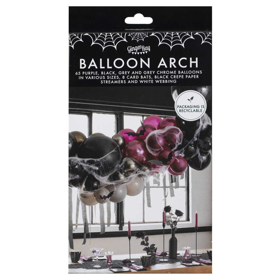 Ballonbogen Set Lila, schwarz und grau mit Luftschlangen, Spinnweben und Fledermäusen