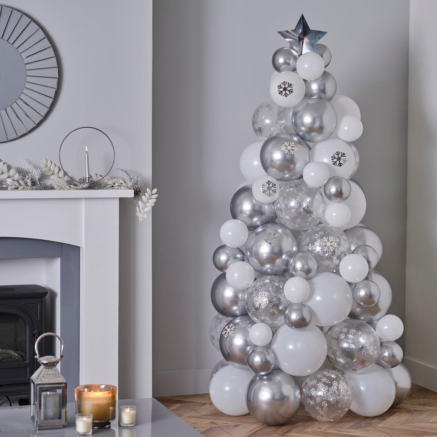 Ballonset Weihnachtsbaum silber, verchromter und Konfetti Balloon