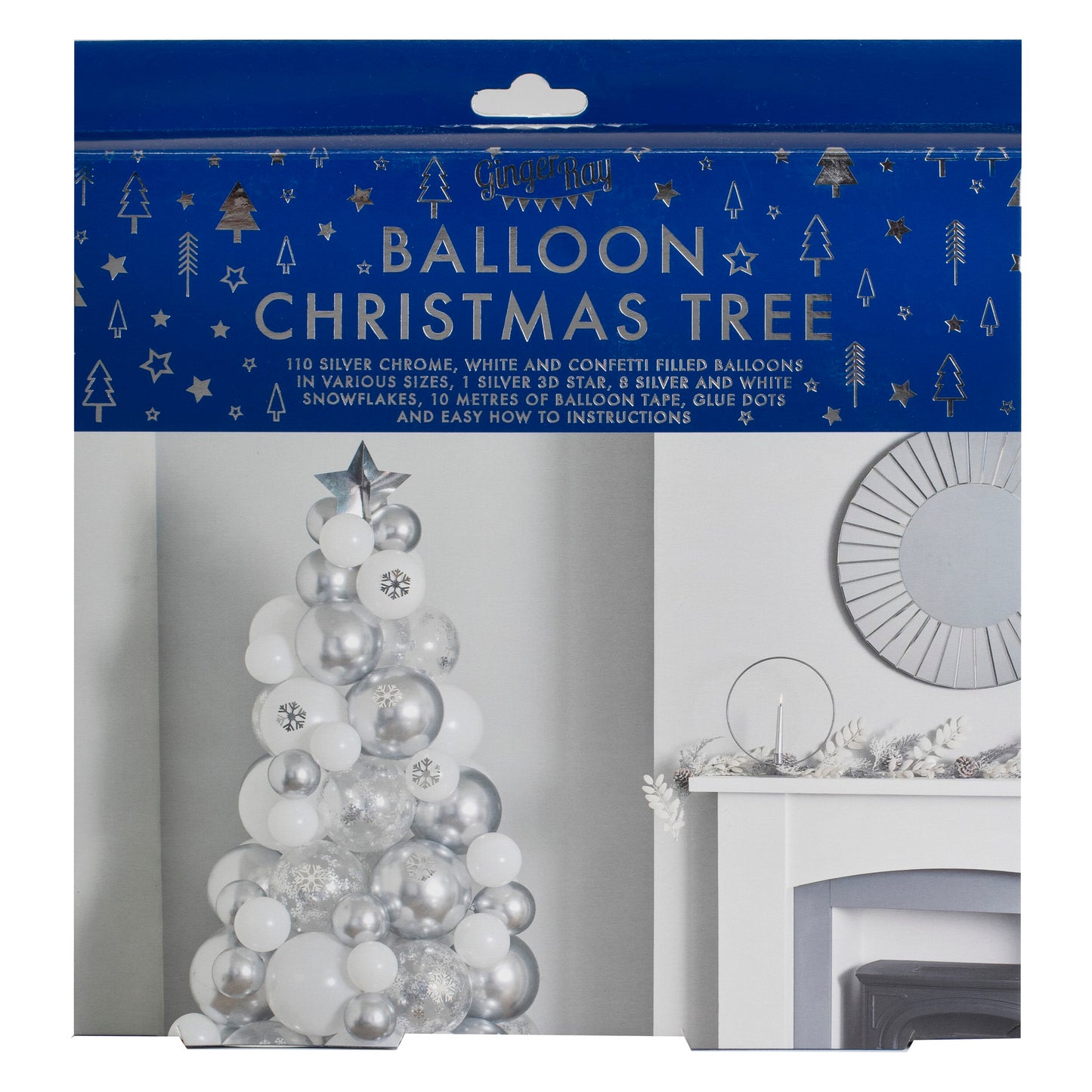 Ballonset Weihnachtsbaum silber, verchromter und Konfetti Balloon