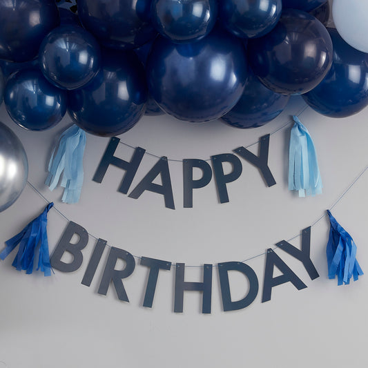 Blaue Wimpelkette Happy Birthday mit Quasten