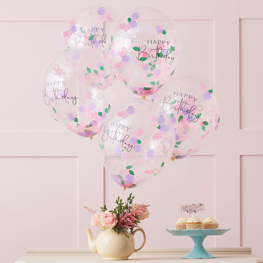 Blumen Konfettiballons- Happy Birthday 30 cm, 5er