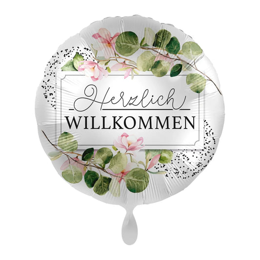 Herzlich Willkommen Motiv Greenery, Heliumballon rund  34 cm