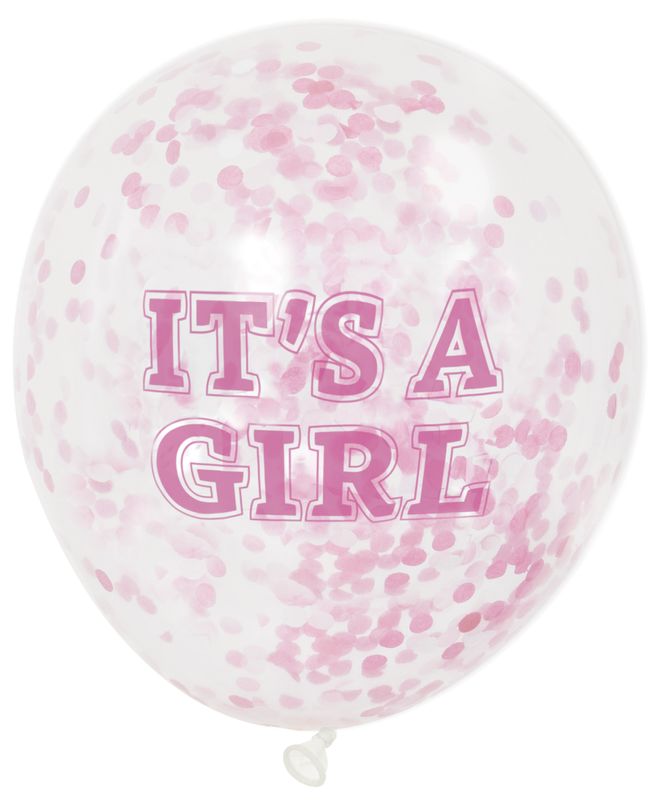 Latexballons, It's a Girl, 6 Stk, transparent, Konfetti, rosa