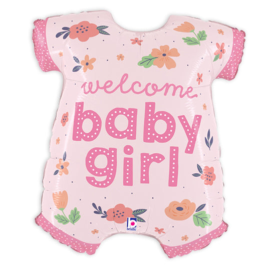 Folienballon Strampler, Welcome Baby Girl in pink